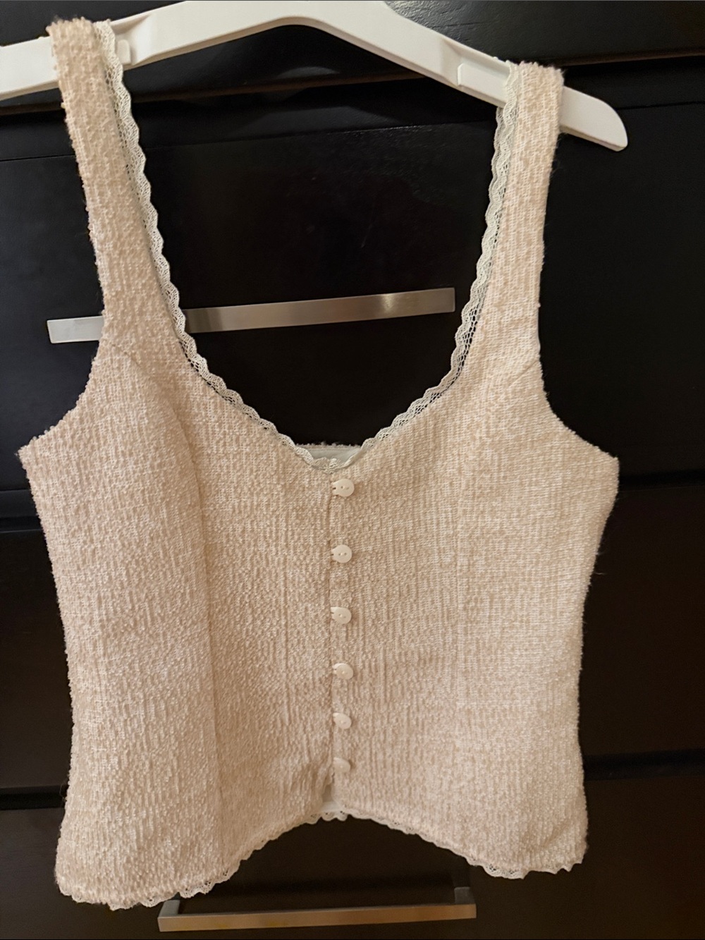 Zara Cream Lace-Trim Knit Button-Front Chemise Top